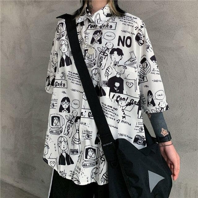 Collared Shirt With Comic Print - Asian Fashion Lianox