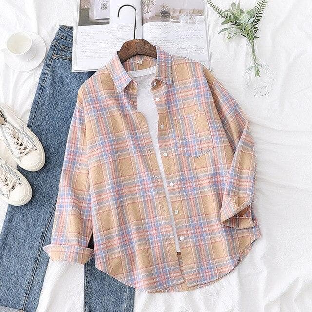 Pastel Checkered Button-Down Blouse - Asian Fashion Lianox