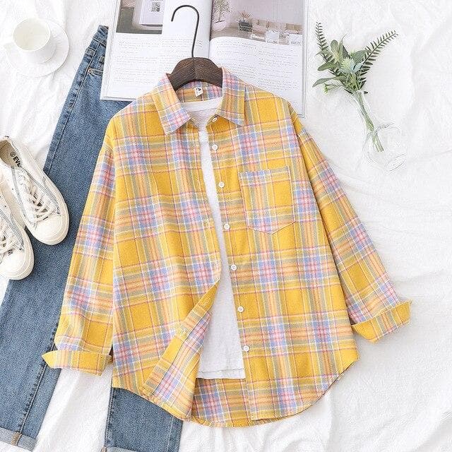 Pastel Checkered Button-Down Blouse - Asian Fashion Lianox