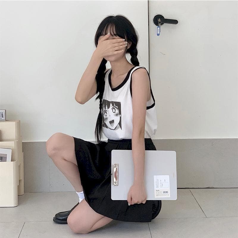 Tank Top With Black Hem And Cartoon Face Print - Asian Fashion Lianox
