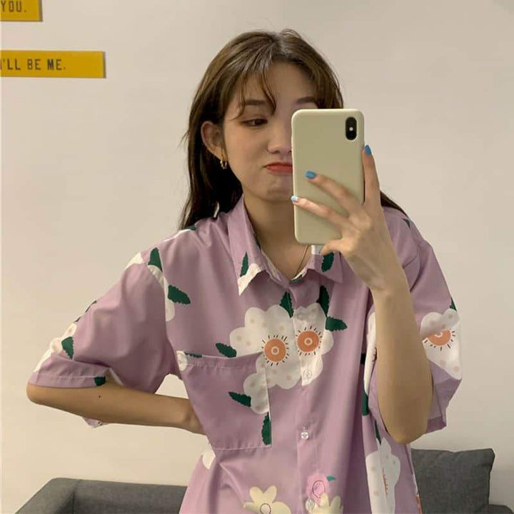 Shortsleeved Shirt With Turn-Down Collar And Floral Print - Asian Fashion Lianox
