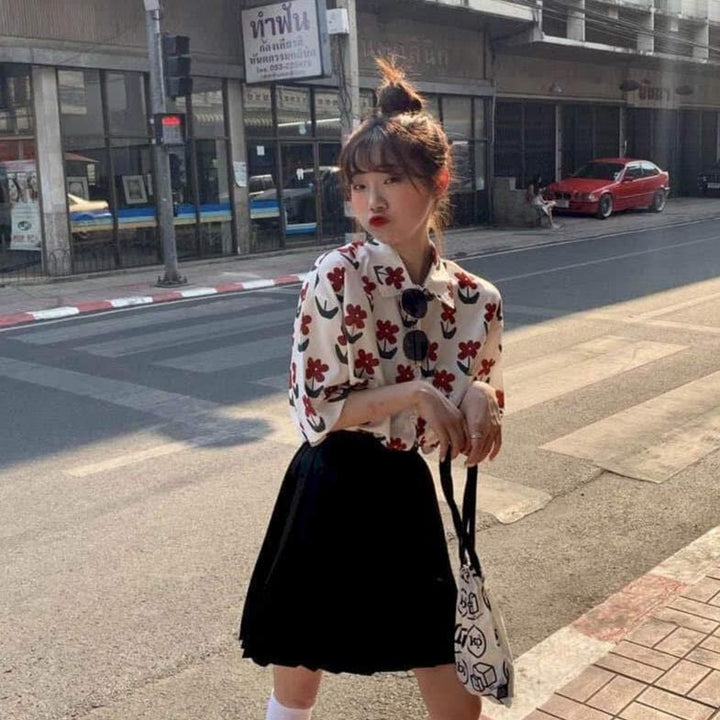 Button-Down Blouse With Short Sleeves And Floral Print - Asian Fashion Lianox