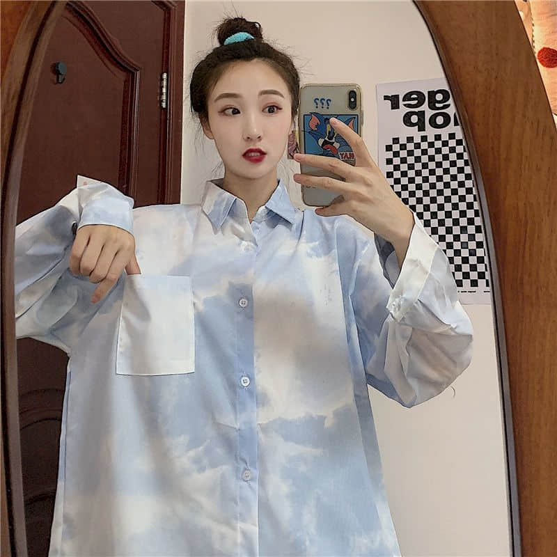 Collared Tie Dye Cloud Shirt With Pocket - Asian Fashion Lianox