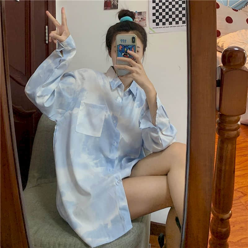 Collared Tie Dye Cloud Shirt With Pocket - Asian Fashion Lianox