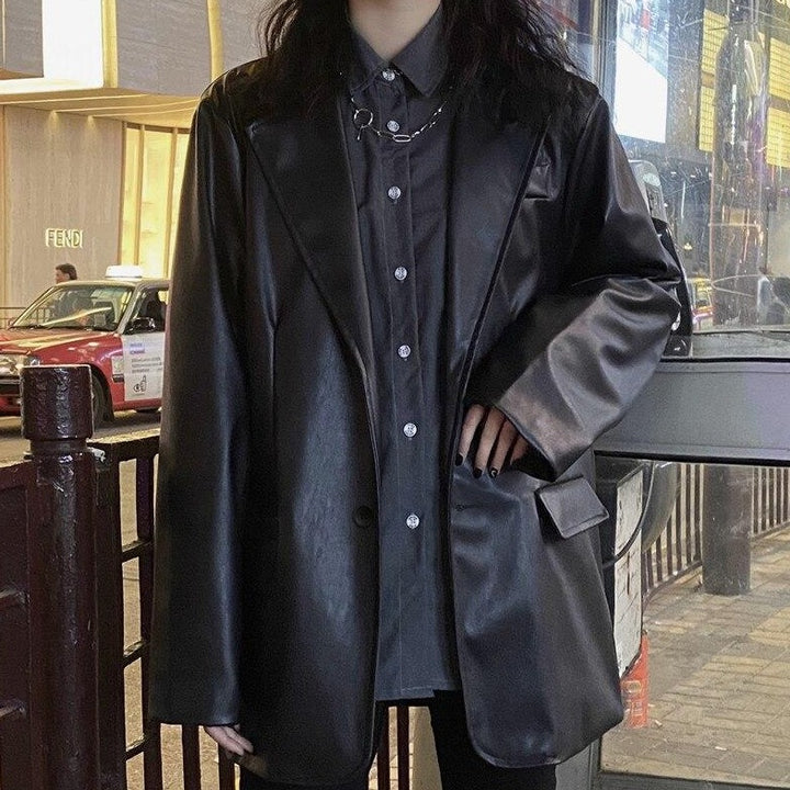 Faux Leather Jacket With Turn-Down Collar And Pockets