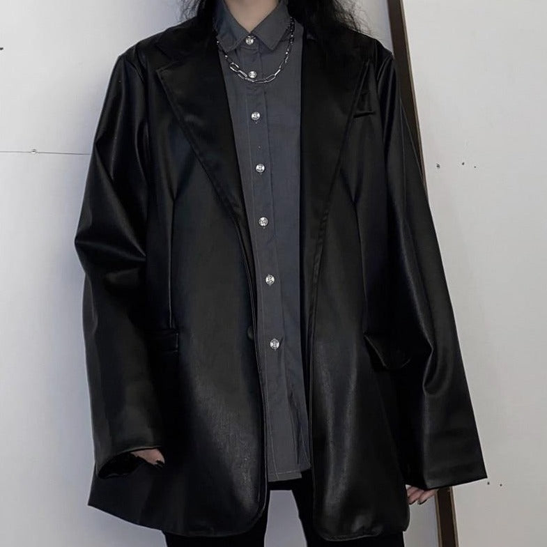 Faux Leather Jacket With Turn-Down Collar And Pockets