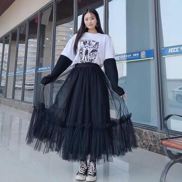 Ruffled Tulle Maxi Skirt - Asian Fashion Lianox