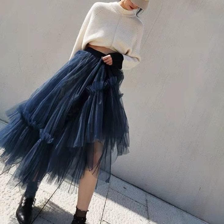 Ruffled Tulle Maxi Skirt - Asian Fashion Lianox