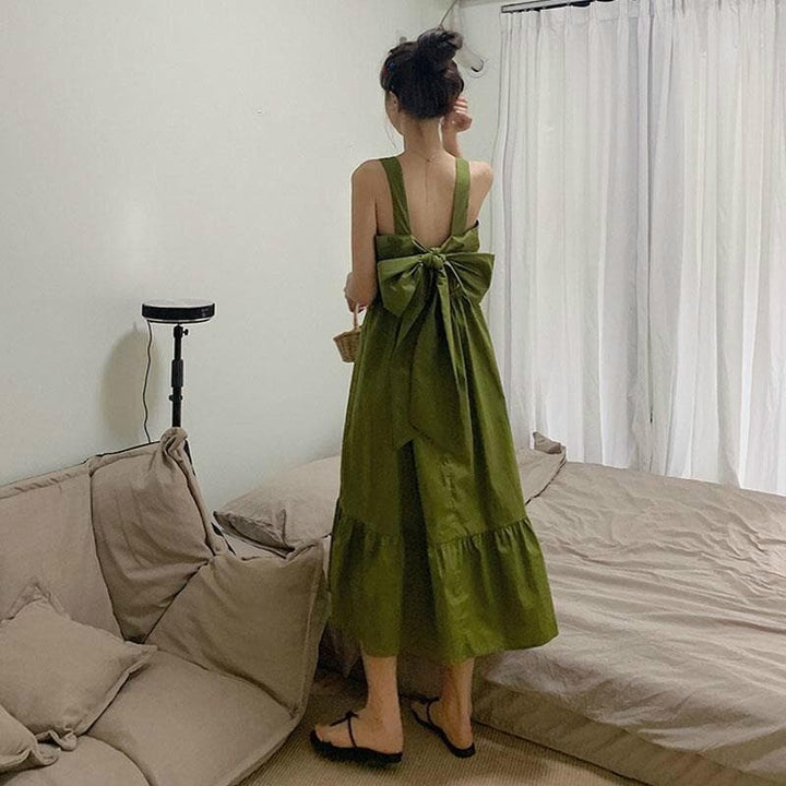 Backless Midi Dress With Bow - Asian Fashion Lianox