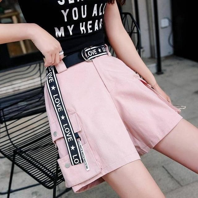 High-Waist Shorts With "LOVE" Belt (S to 3XL!) - Asian Fashion Lianox