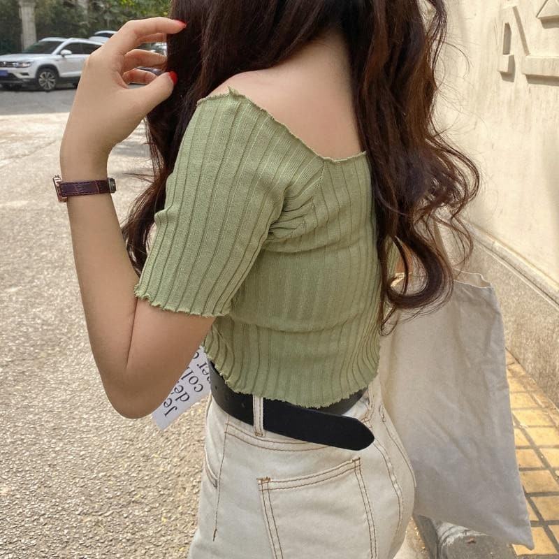 Ribbed Off-Shoulder Crop Top With Short Sleeves