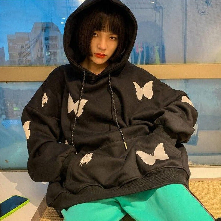 Hooded Sweater With Reflective Butterfly Print