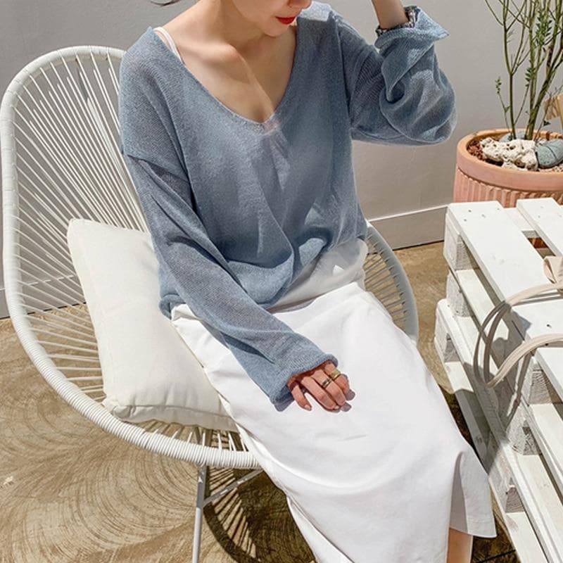 See-Through Longsleeve Shirt With V-Neck - Asian Fashion Lianox