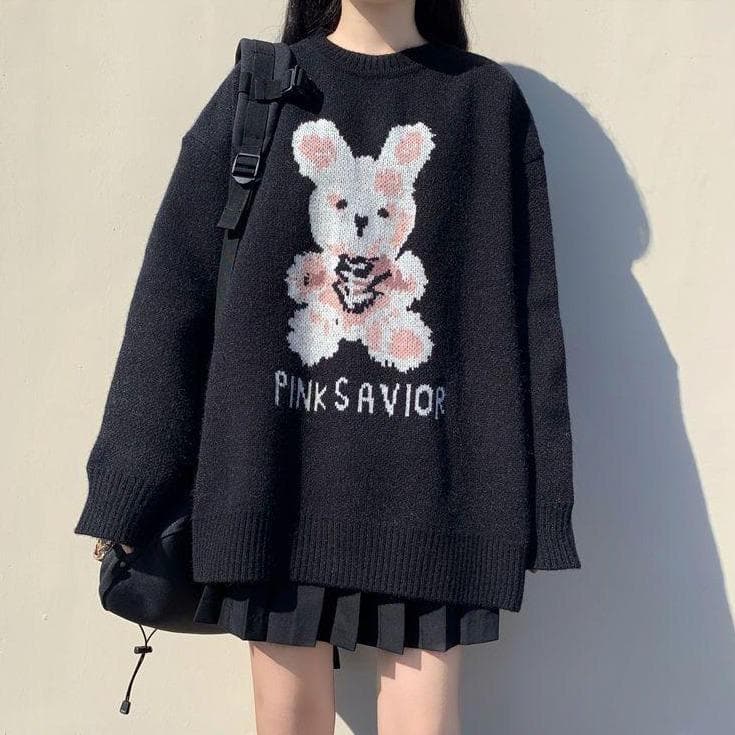"PINK SAVIOR" Knitted Sweater With Bunny - Asian Fashion Lianox