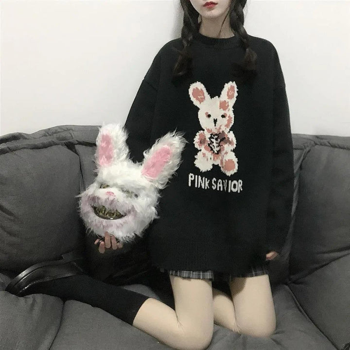 "PINK SAVIOR" Knitted Sweater With Bunny - Asian Fashion Lianox