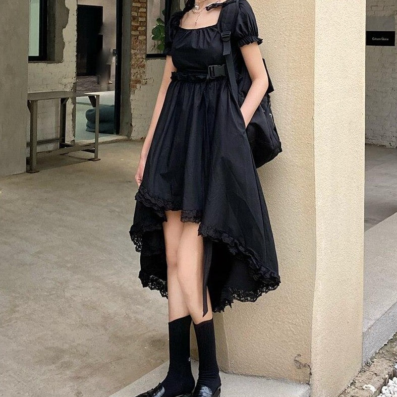 High-Low Dress With Ruffles And Puff Sleeves