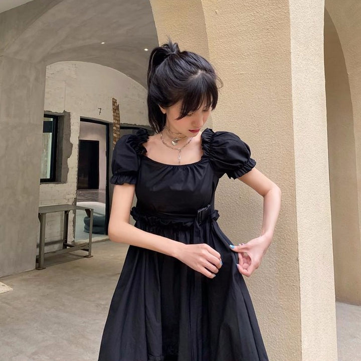 High-Low Dress With Ruffles And Puff Sleeves