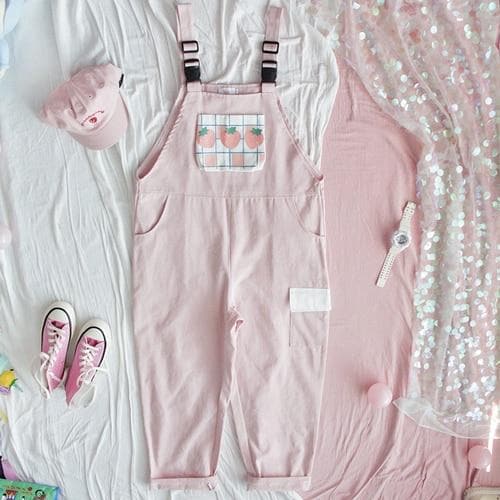 Pastel Romper With Strawberry Print And Pocket -  Asian Fashion! - Shop Korean & Japanese Fashion on Lianox.