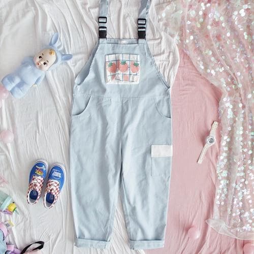 Pastel Romper With Strawberry Print And Pocket -  Asian Fashion! - Shop Korean & Japanese Fashion on Lianox.