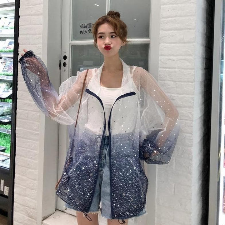 Transparent Coat With Color Gradient And Star Print - Asian Fashion Lianox
