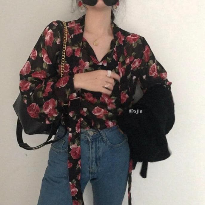 Flowy Blouse With Floral Pattern - Asian Fashion Lianox