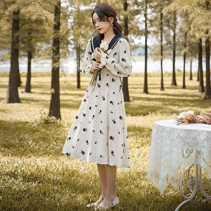 Longsleeved Floral Dress With Sailor Collar And Bow - Asian Fashion Lianox