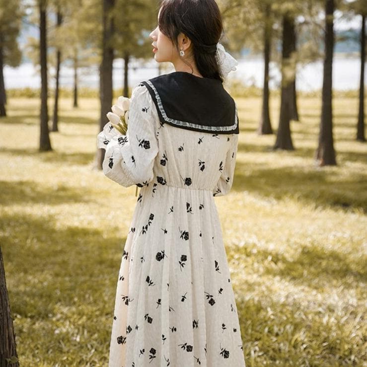 Longsleeved Floral Dress With Sailor Collar And Bow - Asian Fashion Lianox