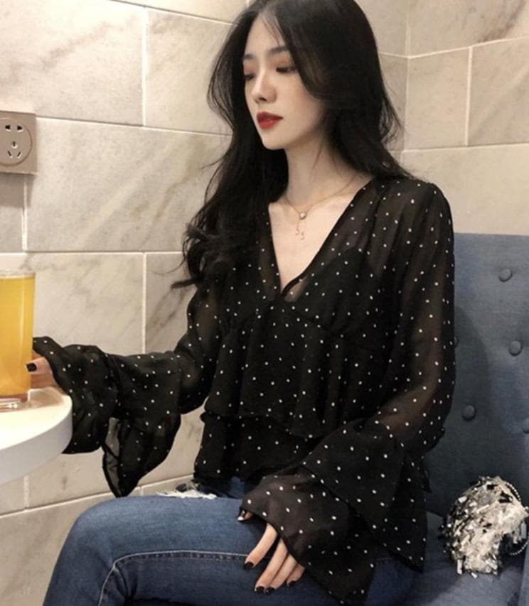 Transparent Ruffled Blouse With Polka Dots - Asian Fashion Lianox
