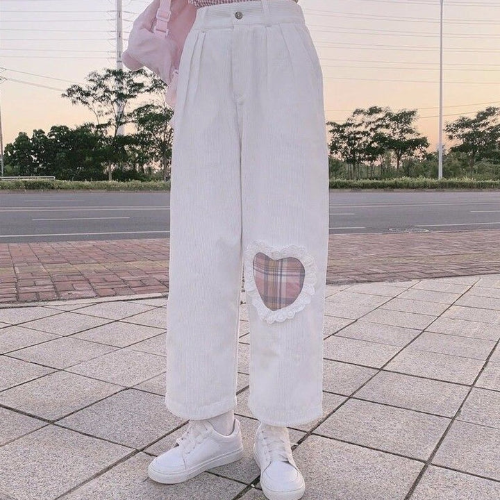 Corduroy Pants With Plaid Heart Patch