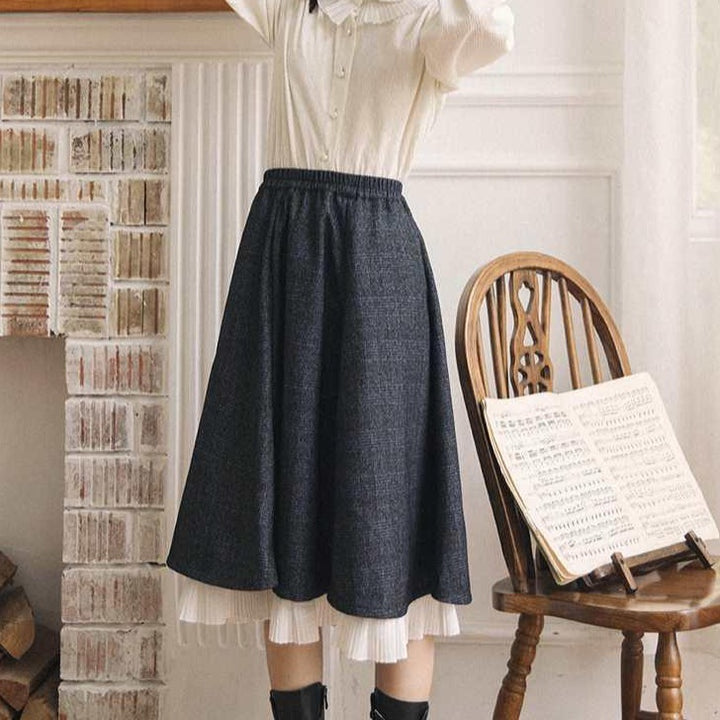 High Waist Midi Skirt With Plaid Pattern And Pleated Underskirt