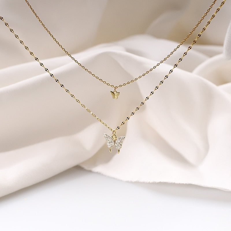 Double-Layered Necklace With Circon-Decorated Butterfly Pendants (Platinum + Gold)