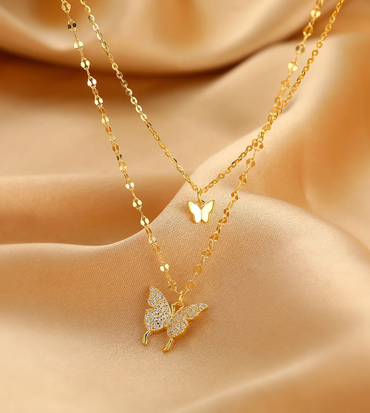 Double-Layered Necklace With Circon-Decorated Butterfly Pendants (Platinum + Gold)