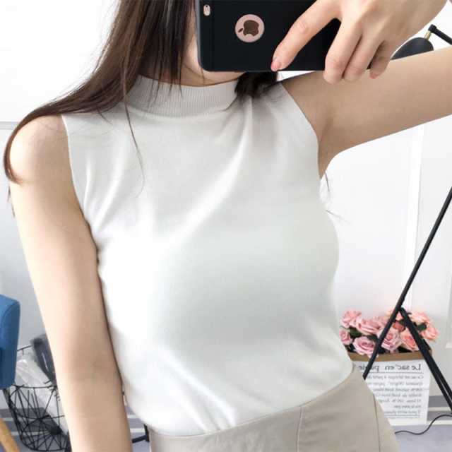 Knit Tank Top With High Neck - Asian Fashion Lianox