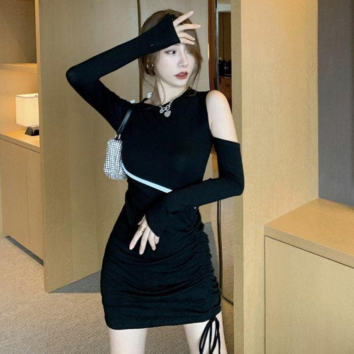 Asymmetric Slim-Fit Dress With Shoulder Cut-Out - Asian Fashion Lianox