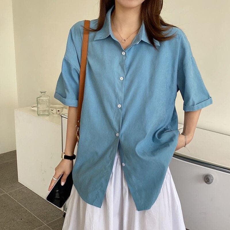 Shortsleeved Button-Down Shirt With Turn-Down Collar - Asian Fashion Lianox
