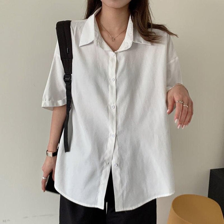 Shortsleeved Button-Down Shirt With Turn-Down Collar - Asian Fashion Lianox