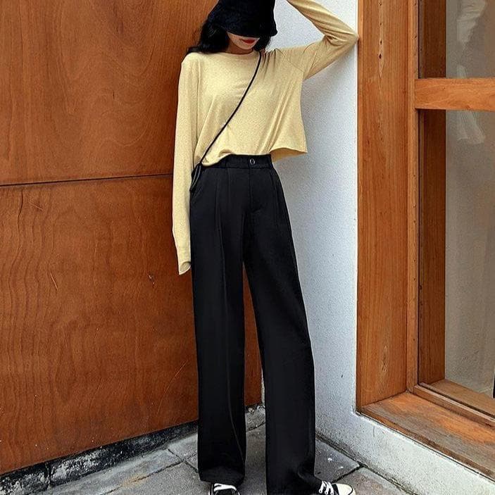 Pants With Wide Leg And Pleated Details - Asian Fashion Lianox
