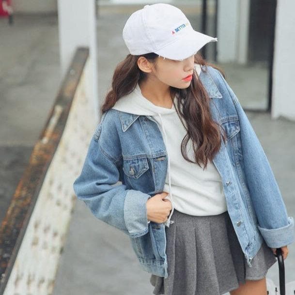 Oversized Jeans Jacket With Chest Pockets - Asian Fashion Lianox