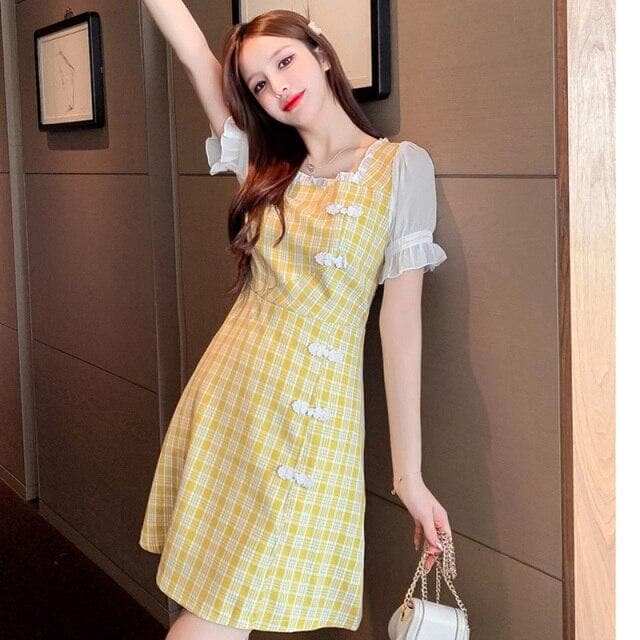 Plaid Dress With Transparent Puff Sleeves And Buttons - Asian Fashion Lianox