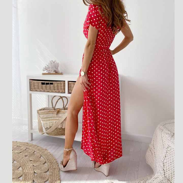 Shortsleeved Wrap-Style Dress With Polka Dots