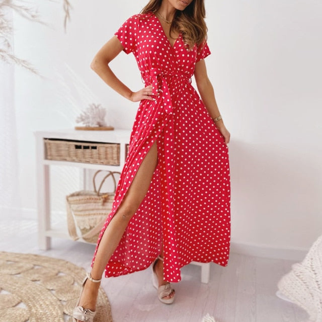 Shortsleeved Wrap-Style Dress With Polka Dots
