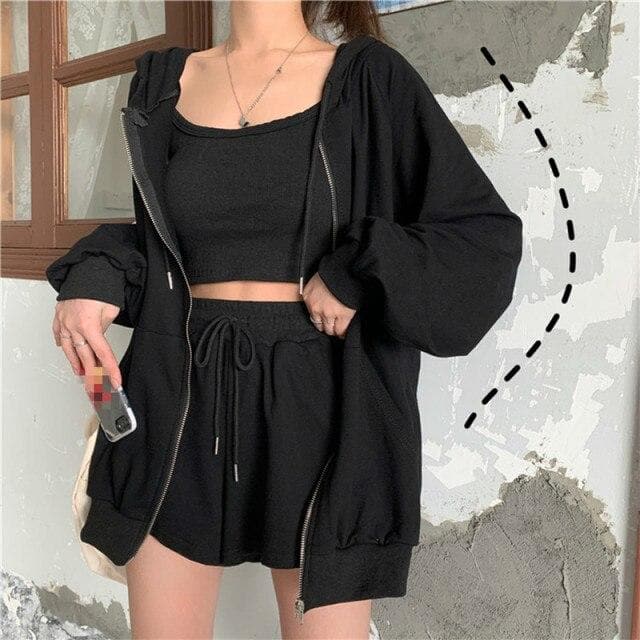 3-Piece-Set: High Waist Shorts + Crop Top With Spaghetti Straps + Tracksuit Jacket