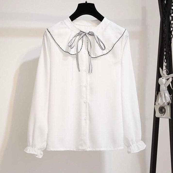Outfit-Set: Blouse With Large Peter Pan Collar + Buttoned A-Line Skirt -  Asian Fashion! - Shop Korean & Japanese Fashion on Lianox.
