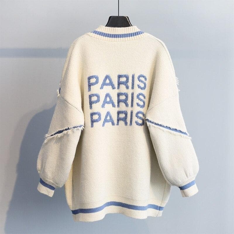 "PARIS PARIS PARIS" Knit Cardigan With Open Stitch Details - Asian Fashion Lianox