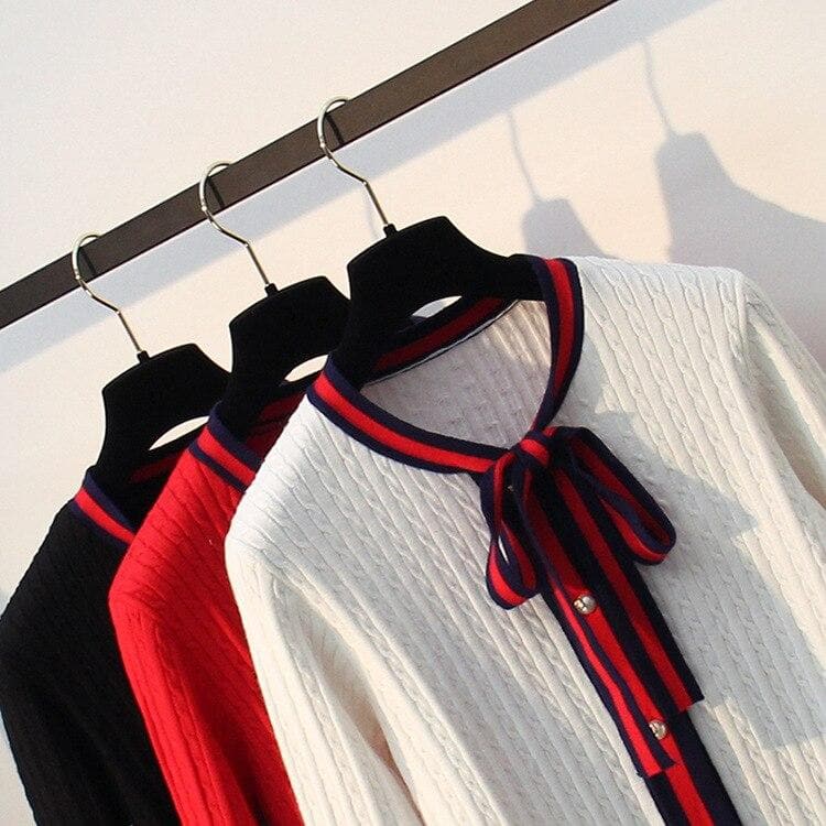 Longsleeved Knit Cardigan With Bow -  Asian Fashion! - Shop Korean & Japanese Fashion on Lianox.
