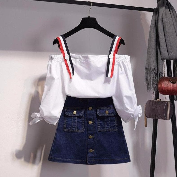 Outfit-Set: Off-Shoulder Top With Colorful Straps + Denim Skirt With Buttons - Asian Fashion Lianox