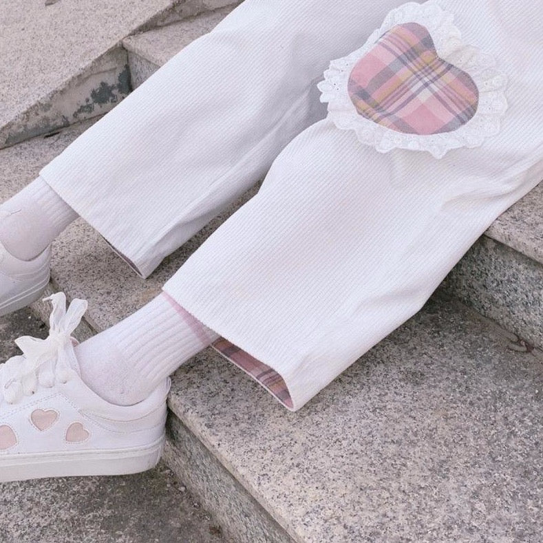Corduroy Pants With Plaid Heart Patch