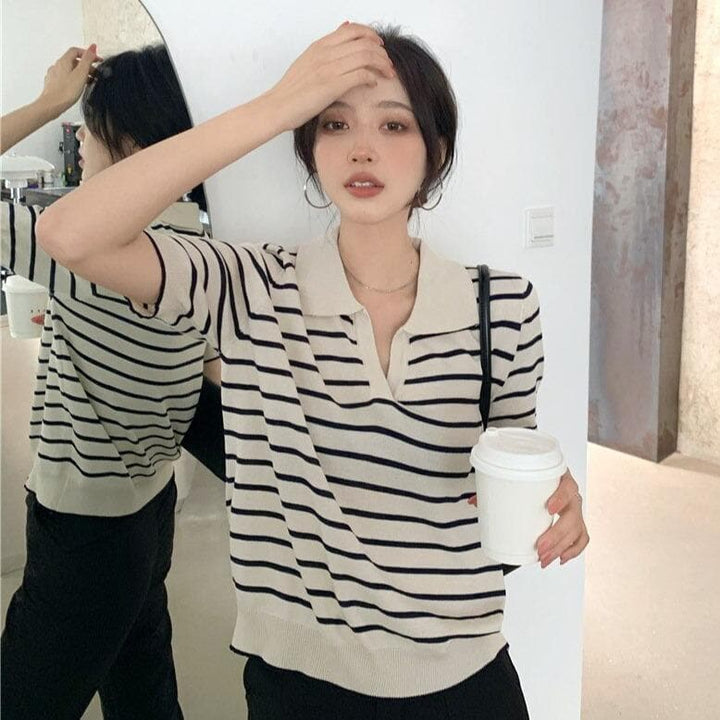 Striped Polo-Shirt With V-Neck - Asian Fashion Lianox