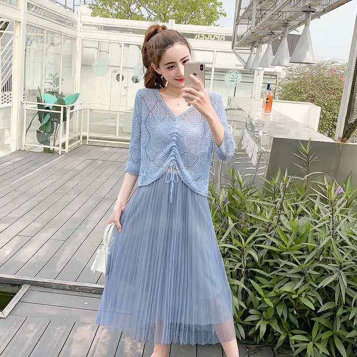 2-in-1 Dress: Drawstring Top With Half Sleeves With Pleated Midi Skirt - Asian Fashion Lianox