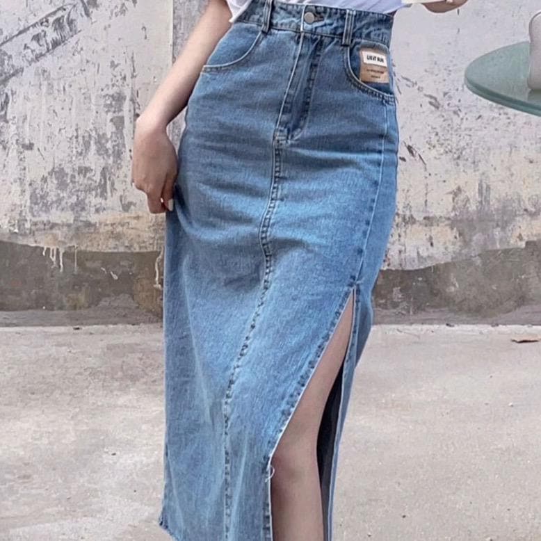 Midi Denim Skirt With Side Slit - Asian Fashion Lianox